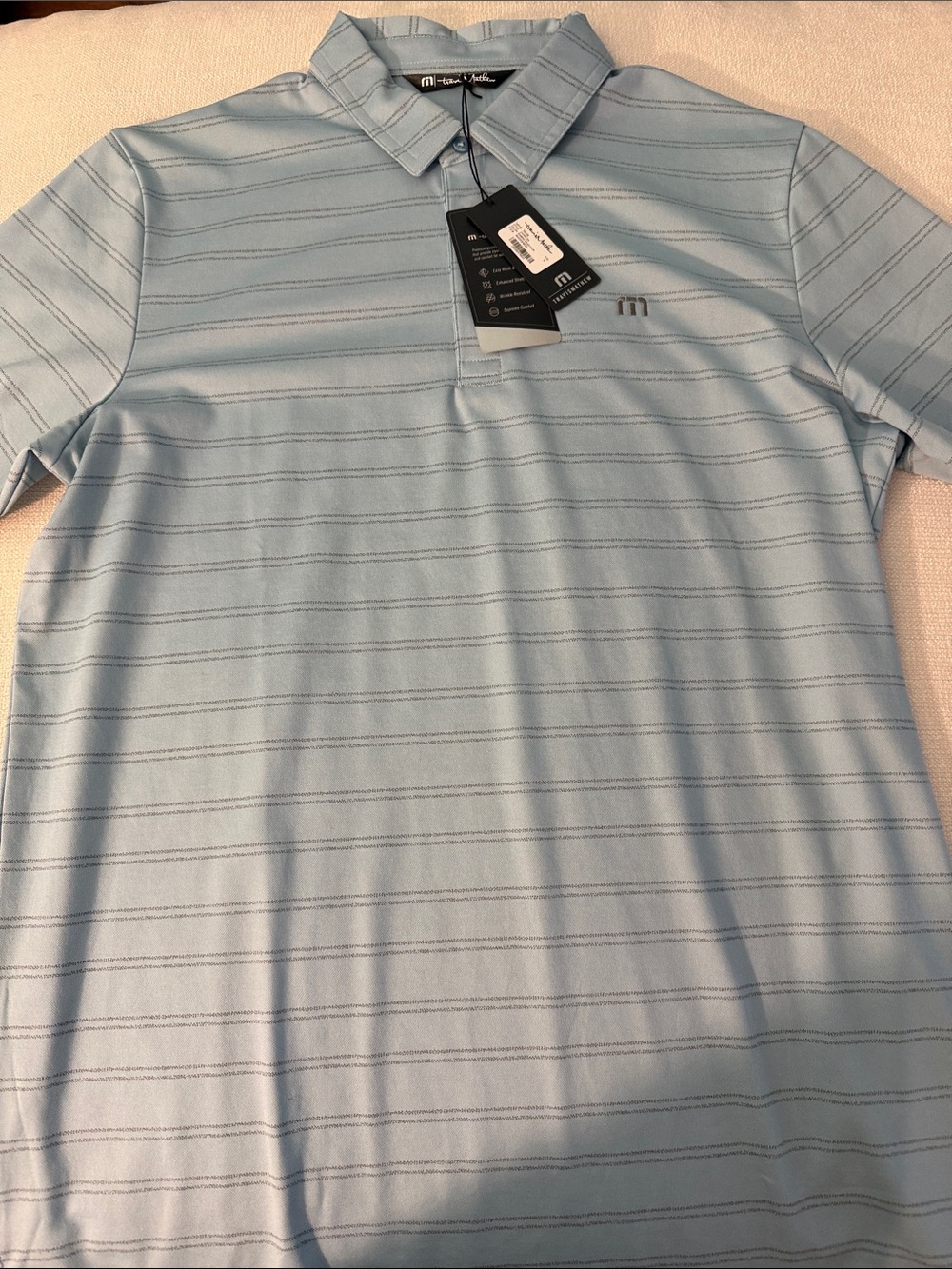 NWT Travis Mathew Pale Blue Horizontal-Stripe Polo